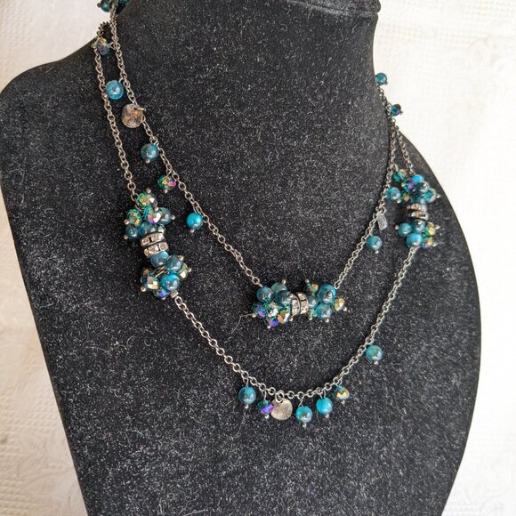 Coldwater Creek Blue Crystal Cluster Gray Silver Beaded Necklace Long - Picture 7 of 8